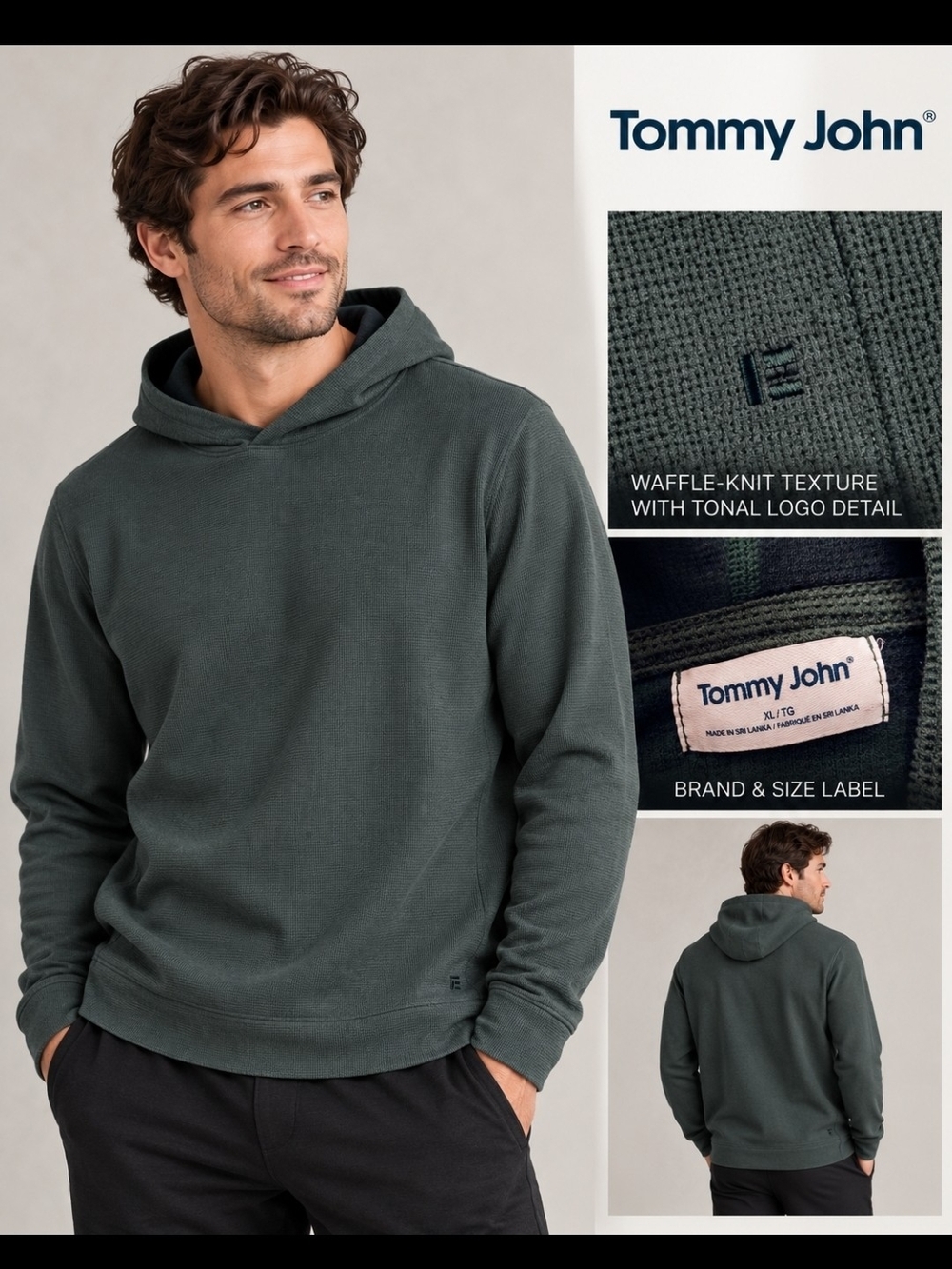 Tommy John Men’s XL Waffle Knit Hoodie Dark Green Pullover NWOT